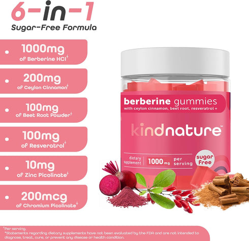 Kind Nature 1000mg Berberine Gummies - Sugar Free Natural Berberine Supplement Gummies with Ceylon Cinnamon & Beet Root - Non GMO, 3rd Party Teste...
