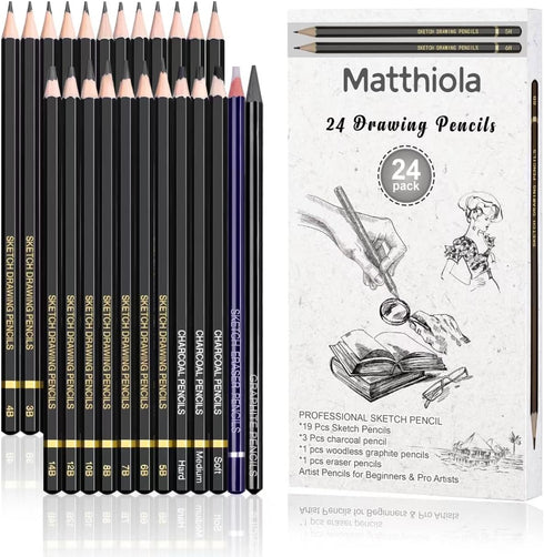 Sketching Pencil Set - 24 Pieces Drawing Sketch Pencil HB,B,2B,3B,4B,5B,6B,7B,8B,10B,12B,14B,H,2H,3H,4H,5H,6H,7H, Includes Charcoal, Eraser, Graph...
