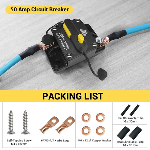 50Amp Circuit Breaker for Trolling Motor Marine Boat ATV Vehicles Stereo Audio Solar Battery System with Manual Reset Inline Fuse with 1/4" M6 Scr...