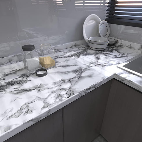 Glossy Black and White Marble Contact Paper 11.7 x 196 Inches Peel and Stick Wallpaper Vinyl Film Self Adhesive Removable Waterproof Wall Paper fo...