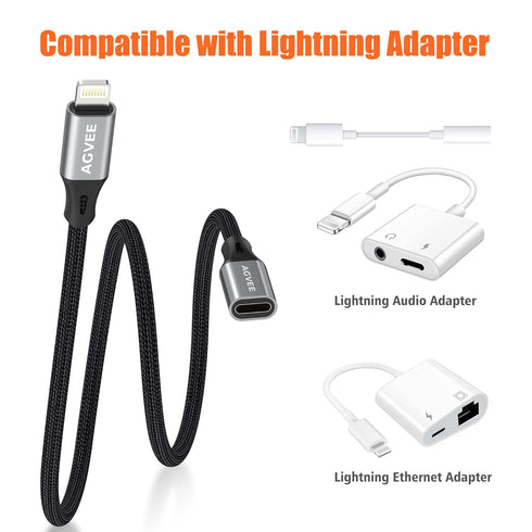 AGVEE 3.3ft Lightning Extension Cable, Braided Female to Male Extender Full Function Cord Compatible with iPhone iPad, Data Sync Video Audio & Cha...