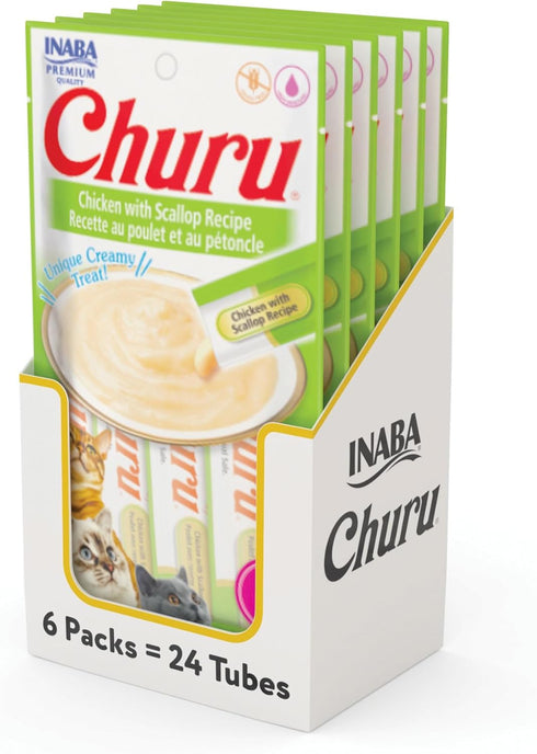 INABA Churu Cat Treats, Grain-Free, Lickable, Squeezable Creamy Purée Cat Treat/Topper with Vitamin E & Taurine, 0.5 Ounces Each Tube, 24 Tubes (4...
