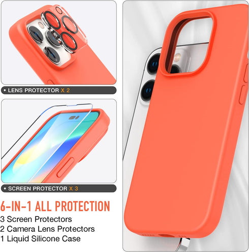 Trianium [6 in 1 Designed for iPhone 14 Pro Max Case Silicone (Orange), with 3 Pack Screen Protector + 2 Pack Camera Lens Protector, Bundle Protec...