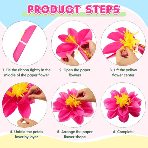 42 Pcs Tissue Paper Flowers Faux Palm Leaves Set 12 Pcs 20''/10'' Colorful Giant Paper Flowers and 30 Pcs Tropical Leaves for Summer Hawaiian Luau...