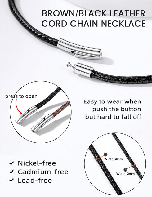 Bestyle Long Leather Necklace Wax Cord Rope Chain Men, Mens Bradied Leather Necklace Jewellery Mens Waterproof Black Cords Necklace for Pendant, 3...