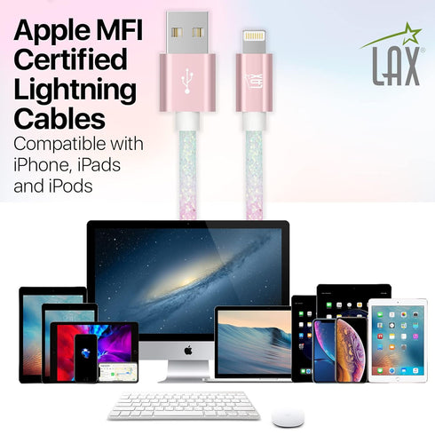 LAX Gadgets USB A to Lightning Cable - Glitter Apple MFI Certified Lightning Cable for iPhone, iPad, iPod - Nylon Braided Fast Charging Cable - Hi...