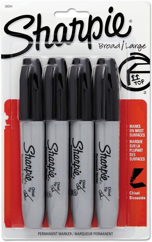 Sharpie 38264PP Permanent Markers, 5.3mm Chisel Tip, Black, 4/Pack...