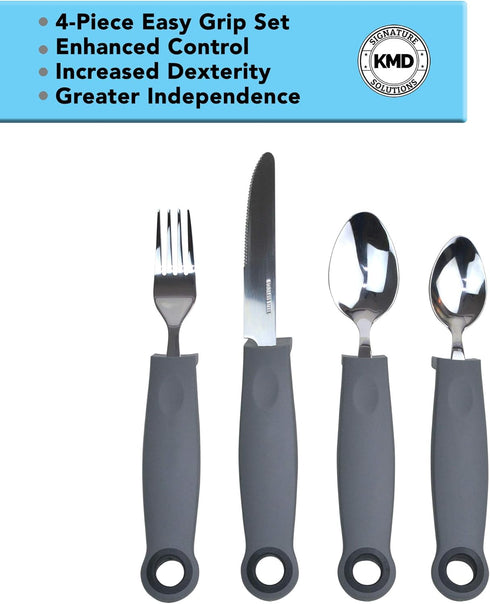 KMD Adaptive Utensils Set with Weighted and Self-Standing Handles (4-Piece), Fork, Knife, and 2 Spoons for Arthritis, Parkinson’s, Tremors, Elderl...