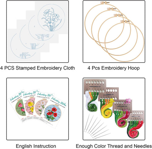 Louise Maelys 4 sets Floral Embroidery Kits for Beginners,Cross Stitch Kit for Adults,DIY Needlepoint Kits for Starters including embroidery cloth...