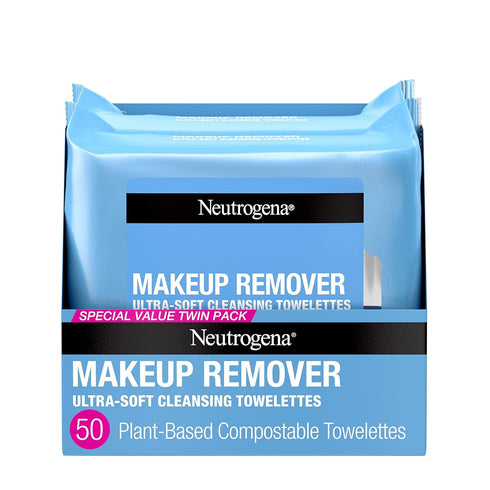 Neutrogena Makeup Remover Wipes, Ultra-Soft Cleansing Facial Towelettes for Waterproof Makeup, Alcohol-Free, Plant-Based, Twin Pack, 25 Count (Pac...