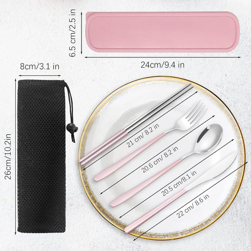 Portable Travel Utensils Set with Case, Pink Reusable Silverware Set, TWUTGAYW 18/8 Stainless Steel Knife Forks Spoons Chopsticks Reusable Travel ...