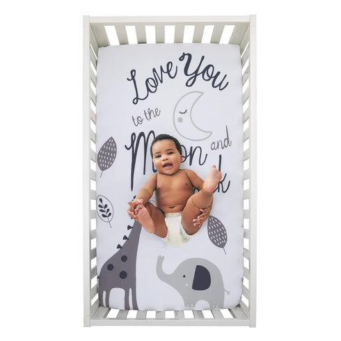 NoJo Love You to The Moon - 100% Cotton Grey and White Elephant and Giraffe Nursery Photo Op Fitted Crib Sheet Love You to The Moon and Back...