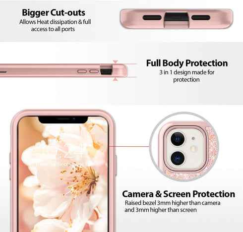 Coolwee Glitter Full Protective Case for iPhone 11 Heavy Duty Hybrid 3 in 1 Rugged Shockproof Women Girls Rose Gold for iPhone 11 6.1 inch Shiny B...