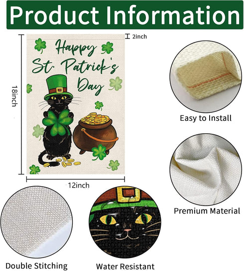 Happy St. Patrick's Day Garden Flag Black Cat Yard Flags Luckly Shamrock 12x18 Inch Vertical Double Sided Burlap Banner for Spring Holiday Farmhou...