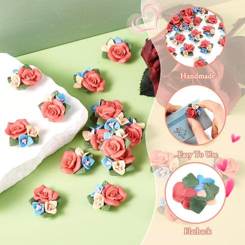 Beadthoven 50pcs Flatback Rose Flower Handmade Porcelain Cabochons Colorful Floral Bouquet Clay Beads Charms No Hole for Gluing DIY Jewelry Making...