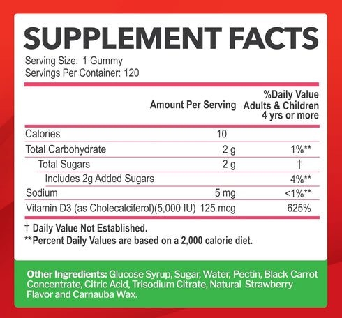 Vitamin D3 5000IU / 10,000IU Gummies for Adults & Kids (120 Count) - Immune System, Bone & Joint Support - Gluten-Free, Non-GMO, 100% Vegetarian, ...