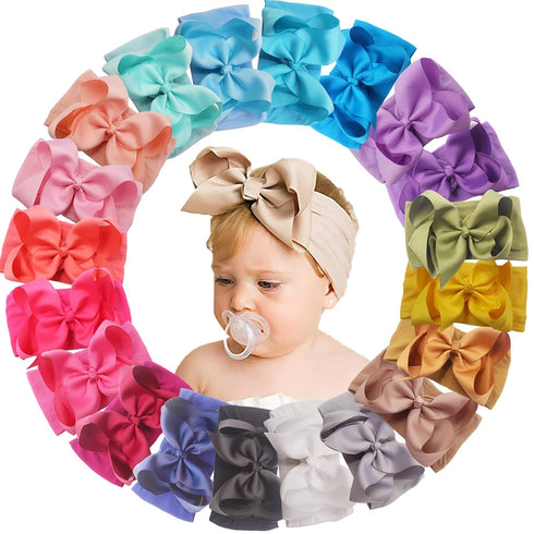 Yxiang 20pcs Baby Headbands with 6" Big Elastics Nylon Ribbon Bows Hair Accessories for Newborns, Infants, Toddlers, Kids...