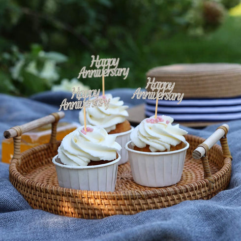 48 Pcs Silver Happy Anniversary Cupcake Toppers Picks for Anniversary Party Cake Decorations...