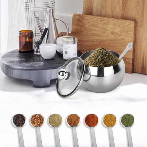 asika Sugar Bowl, Stainless Steel Sugar Pot with Clear Lid and Spoon, Drum Shape Small Condiment Container for Home and Kitchen, 8.1 Ounces(240 Mi...