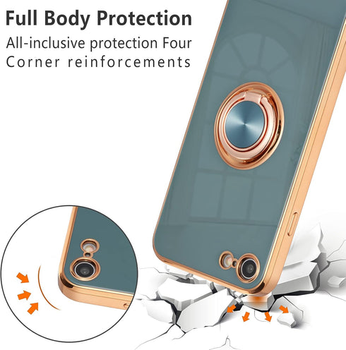EYZUTAK Electroplated Magnetic Ring Case, 360 Rotation, Metal Finger Ring Holder, Soft Silicone Cover for iPhone SE(5G) 2022, iPhone 7/8/SE 2020 -...
