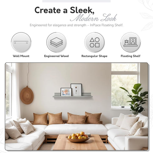 InPlace Shelving, Floating Picture Shelf with Ledge, 10.2" D x 35.4" W x 2" H, Gray Driftwood, 9602032E...