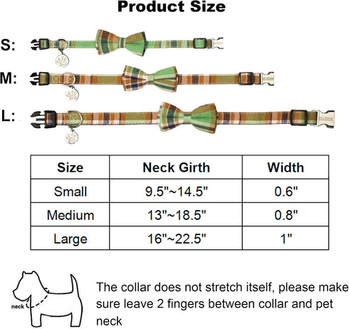 ADOGGYGO Plaid Dog Collar with Bowtie, Green Dog Collars with Detachable Bow tie Adjustable Soft Green Plaid Collars for Small Medium Large Dogs P...