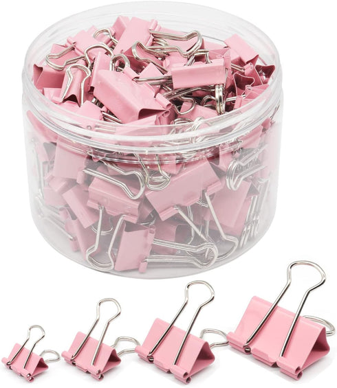 Binder Clip Paper Clamps, Assorted Sizes (Mini, Small, Medium, Large), 100 Pcs Clips for Office School Supplies (Pink)...
