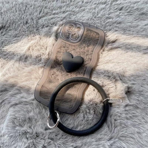 Black Heart Phone Case Compatible with iPhone 14, Cute 3D Love Heart Phone Case, Curly Wave Shape Clear Heart Phone Cover with Round Bracelet for ...