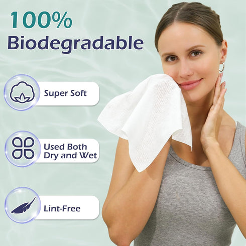 Disposable Face Towel, 100% Cotton, Extra Large 12" x 10" Soft Dry Wipe for Face Wash, Makeup Remover, Biodegradable Towelette for Sensitive Skin,...