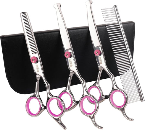 Professional Dog Grooming Scissors with Safety Round Tips, 5 in 1 Dog Grooming Scissors Kit, 4CR Stainless Steel Professional Pet Grooming Shears ...