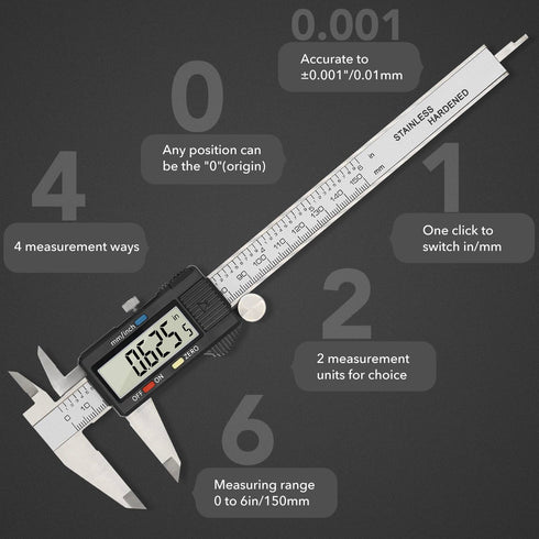 Digital Caliper Precise Measuring Tool, Vizbrite 6 inch Stainless Steel Electronic Vernier Calipers with Auto-Off Large LCD Screen, Accurate to ±0...