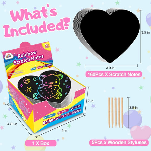 ZMLM Rainbow Scratch Art Party Favors - 160 Mini Heart Scratch Art Note Pads Craft Art Paper for Kids DIY Cards - Black Scratch Art Supplies Birth...