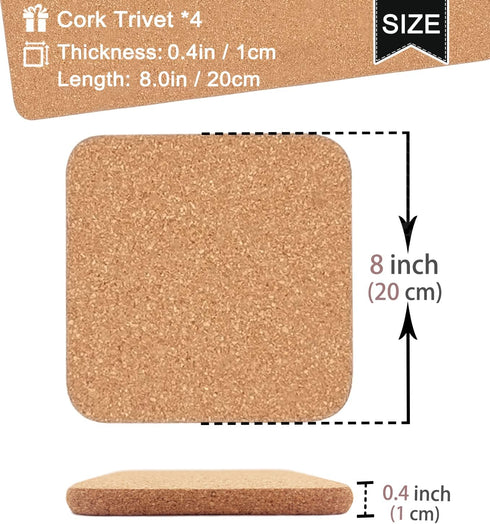 Cork Trivet, 4 Pcs High Density Thick Square Cork Trivets for Hot Dishes, 8 Inch Heat Resistant Multifunctional Cork Coaster, Cork Hot Pads for Ta...