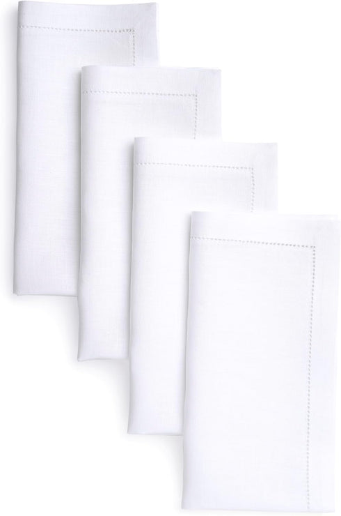 D'Moksha Homes White Linen Napkins Set of 4 - Classic Hemstitch 100% Pure Linen Hemstitch Dinner Napkins 20 x 20 Inch for Summer, Fall and Hallowe...