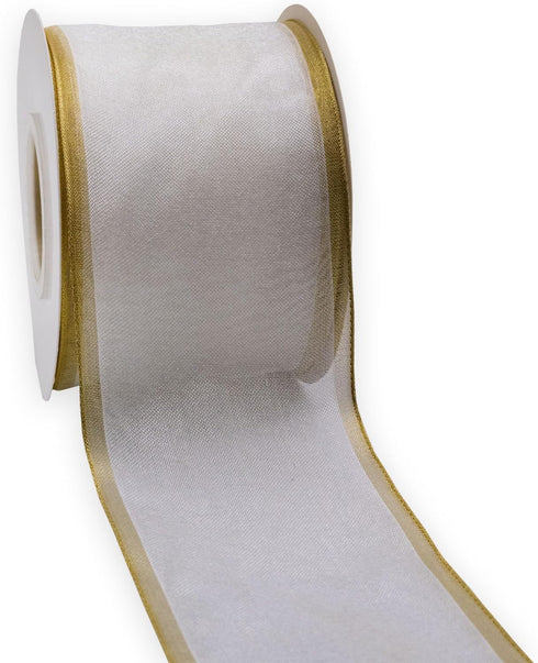 Solid White Organza Ribbon Gold Lurex Wired Edge Ribbon, 2.5 Inch x 11 Yards for Gift Packaging Wedding Decoration...