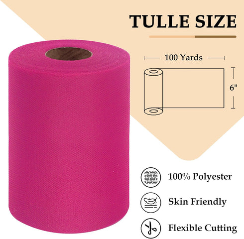 Fuchsia Tulle Fabric Roll 6 Inch by 100 Yards (300 feet) Sheer Tulle Ribbon for Halloween Party Decorations Tutu Gift Wrapping Valentine's Day Tab...