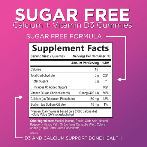 Calcium Supplement + Vitamin D3 - Sugar Free Calcium Gummies for Bone & Teeth Strength Support, Calcium Gummy Chews for Immune Support, Calcium Su...