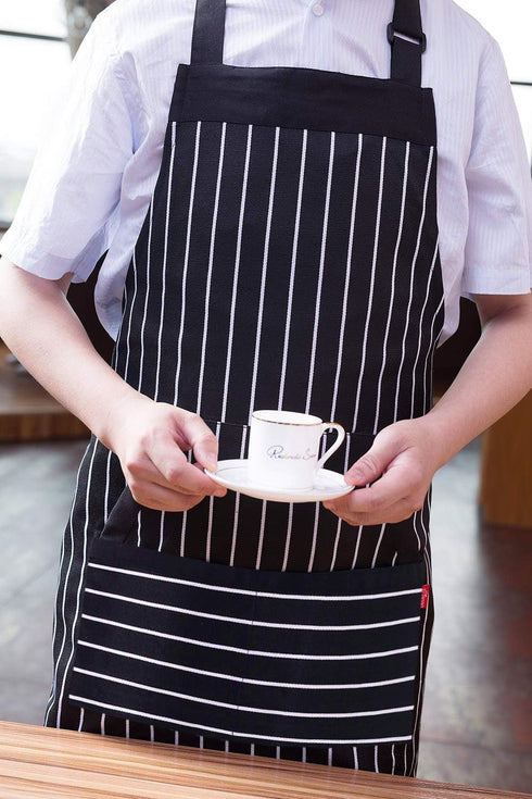 Kitchen Cooking Apron for Women and Men, Adjustable Chef Bib Apron with Pockets - 32" x 28" - Black/White Pinstripe- 1 Pcs...