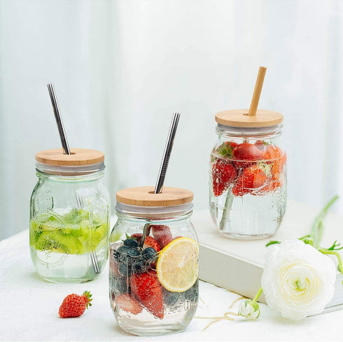Mason Jar Lids With Straw - Reusable Bamboo Wide Mouth Tumbler Tops, 2 Packs With 2 Stainless Steel Straws...