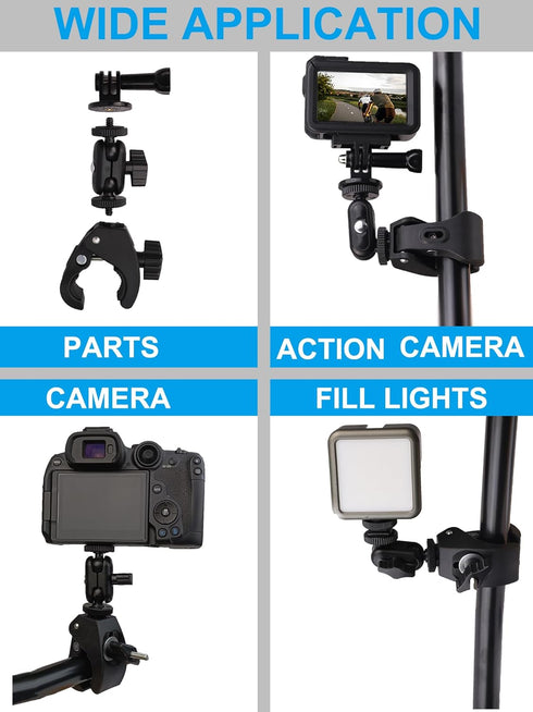 Super Clamp Motorcycle Handlebar Mount Multi Angle 360° Swivel Compatible with Gopro 12 Hero 12 11 10 9 / Insta 360 / DJI Action Cameras, with Dou...