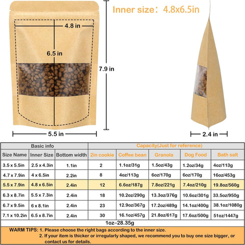 Blisstime Stand Up Pouches, 50 Pack Kraft Paper Bags with Matte Window and Tear Notch Resealable Bags for Small Business Home Use (5.5 X 7.9 Inche...