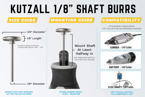 Kutzall Original Rotor Saw Burr, 1?8" Shaft, Coarse - Woodworking Attachment for Dremel, Foredom, DeWalt, Milwaukee, Makita. Abrasive Tungsten Car...