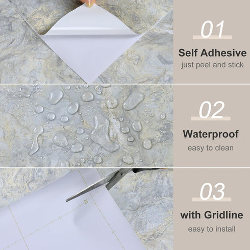 White Beige Grey Granite Marble Contact Paper Glossy Waterproof Marble Peel and Stick Wallpaper for Kitchen Bathroom Vinyl Self Adhesive Marble Co...
