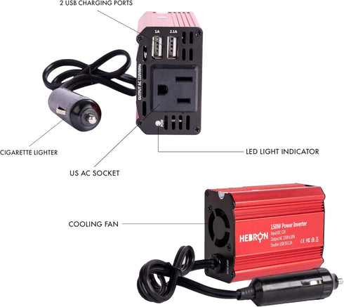 Hebron 150w Car Power Inverter – Portable 12V DC to 110V AC Charger – Cigarette Lighter Adapter – 2 USB Ports and 1 US AC Outlet......