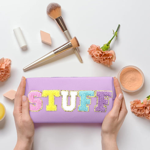 4 Pcs Large Chenille Letter Patch Makeup Bag Skin Stuff Hair Face Bag Preppy Patch Makeup Cosmetic Bag Toiletry Zipper for Women Teen Girl(Letters...