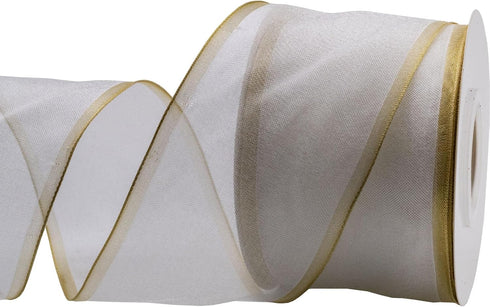 Solid White Organza Ribbon Gold Lurex Wired Edge Ribbon, 2.5 Inch x 11 Yards for Gift Packaging Wedding Decoration...