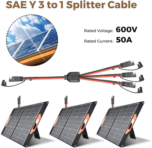 SAE Y Splitter 10AWG SAE Connector 1 to 3 Extension Cable with SAE Polarity Reverse Adapter Quick Disconnect Connector for Solar Battery Connectio...