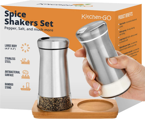 Salt and Pepper Shakers set with Adjustable Pour Holes - Elegant Stainless Steel Spice Dispenser - Perfect for Himalayan, Table Salt, White and Bl...