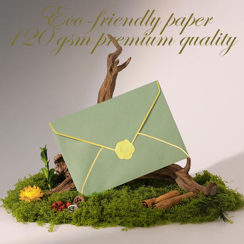 50 pcs Sage Green Envelope with V-Flap, Gold Border & Golden Sticker, 5 x 7 Self Adhesive Envelopes for Office, Invitation, Wedding, Graduation...