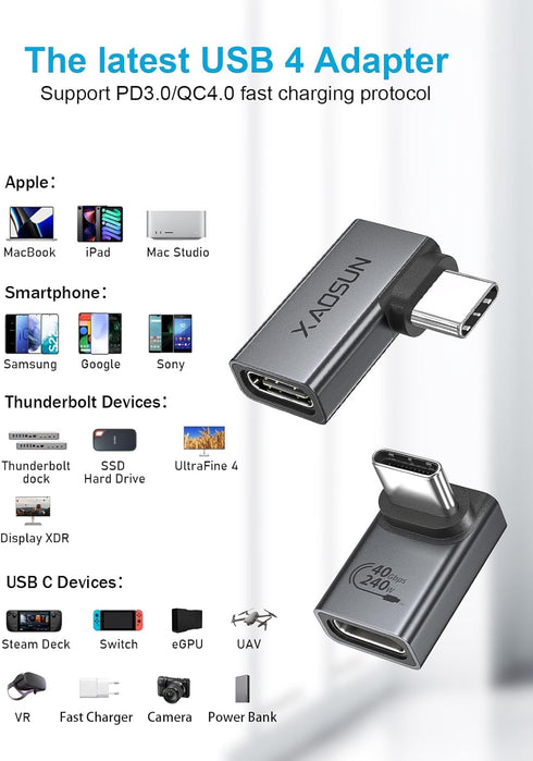 XAOSUN 90 Degree USB C to C Adapter Mixed Pack (240W 40Gbp 8K),Right Angle USB C Male to USB C Female Adapter, USB4 Type C Power Data Extender for...